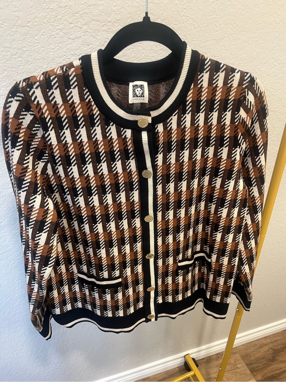 Anne Klein Black and Brown Houndstooth Cardigan Gold Buttons in Medium.